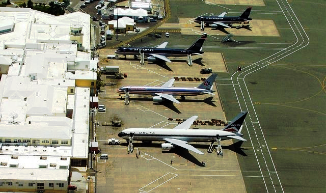 Airport apron with aircraft