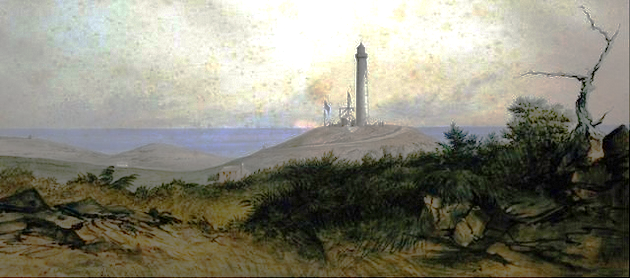 1848 image of the lighthouse painted by Hallewell