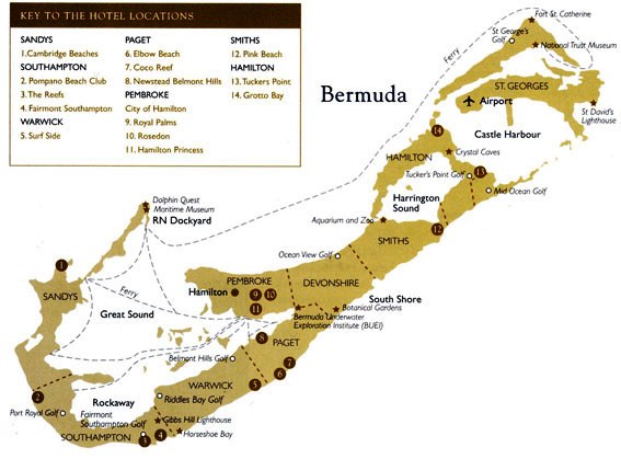 Key to hotel locations from the airport