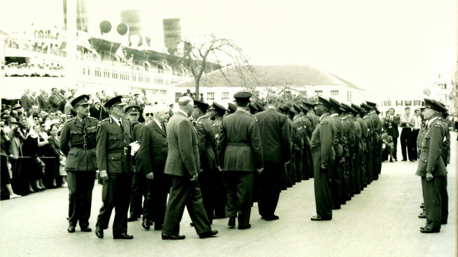 Canadian Prime Minister Louis St. Laurent reviewing troops in Hamilton